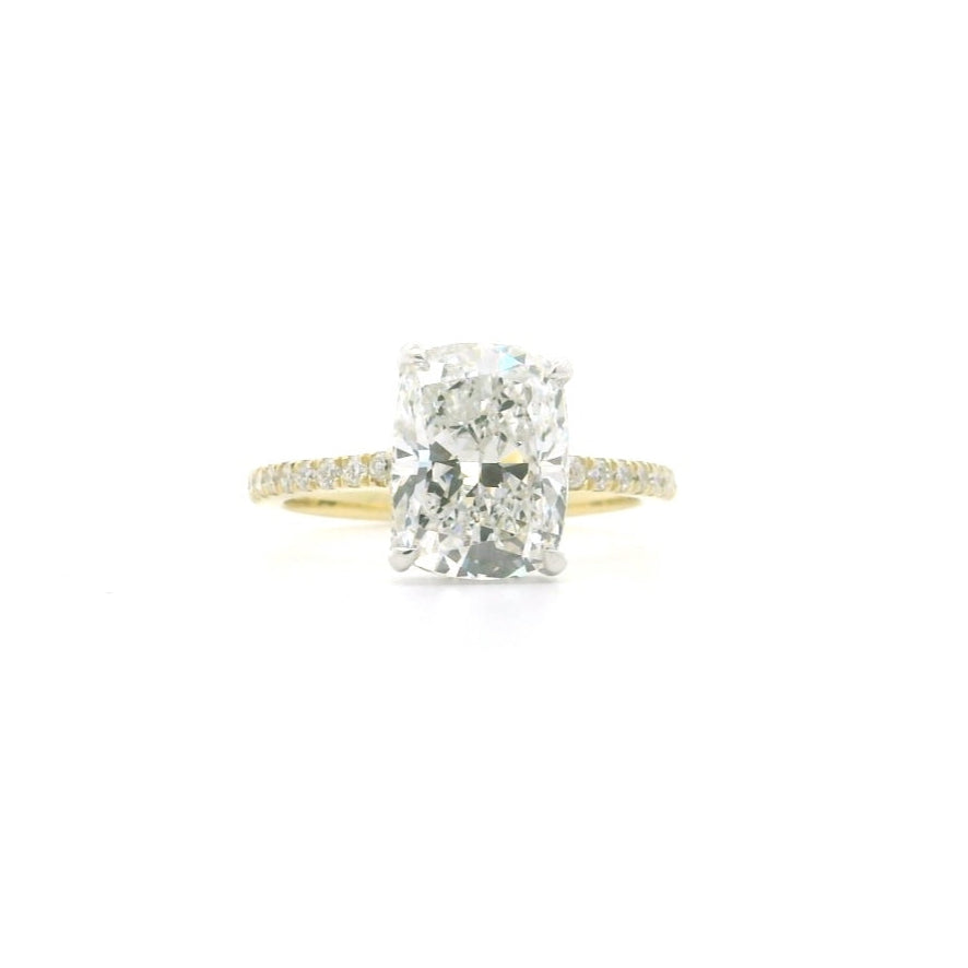 3.5 Carat Cushion Cut with Hidden Halo and Pave Band Engagement Ring