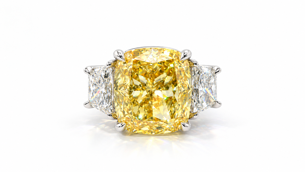12 Carat Cushion Cut with Trapezoid Sidestones Engagement Ring