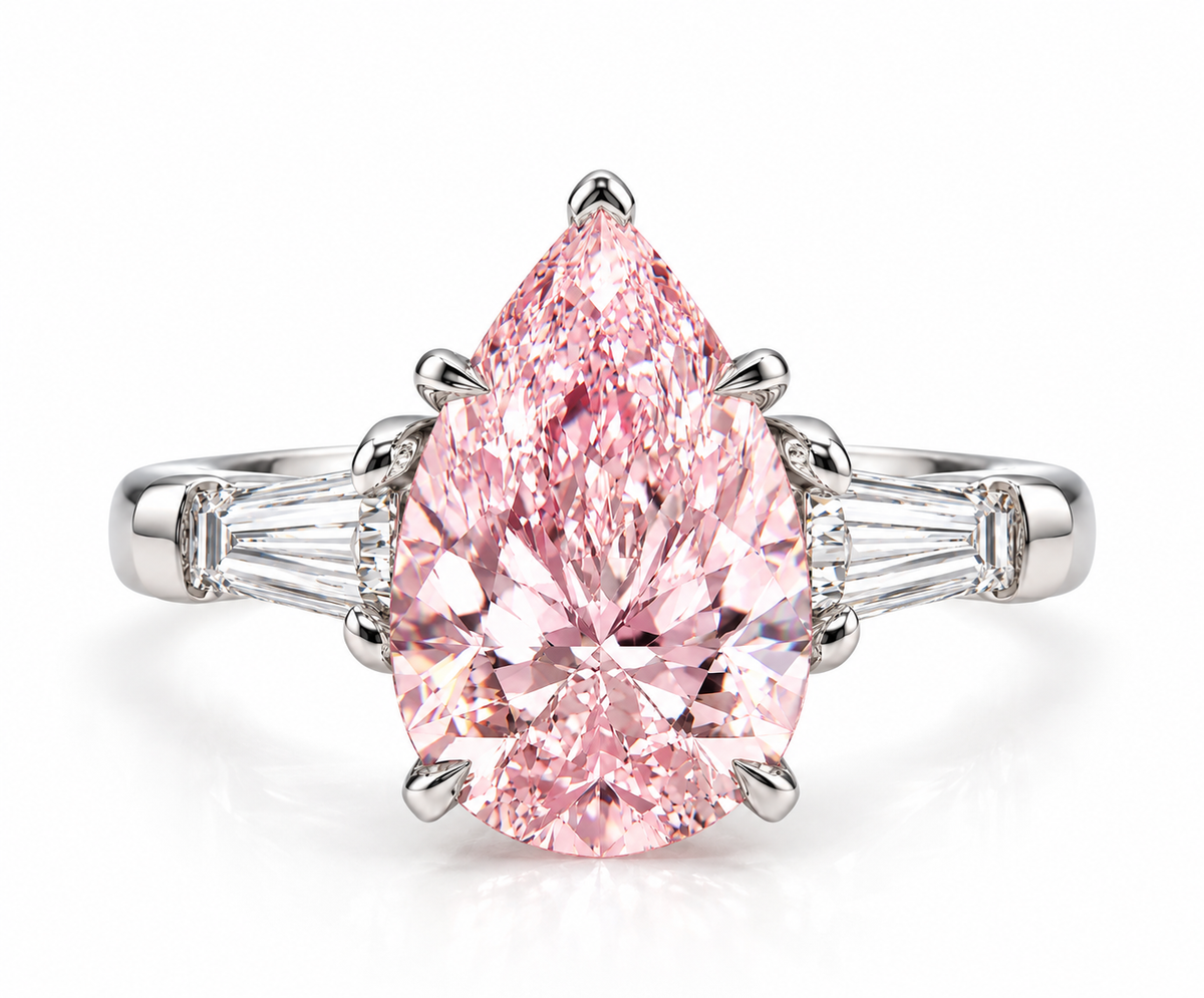 4 Carat Fancy Pink Pear with Tapered Baguettes Engagement Ring