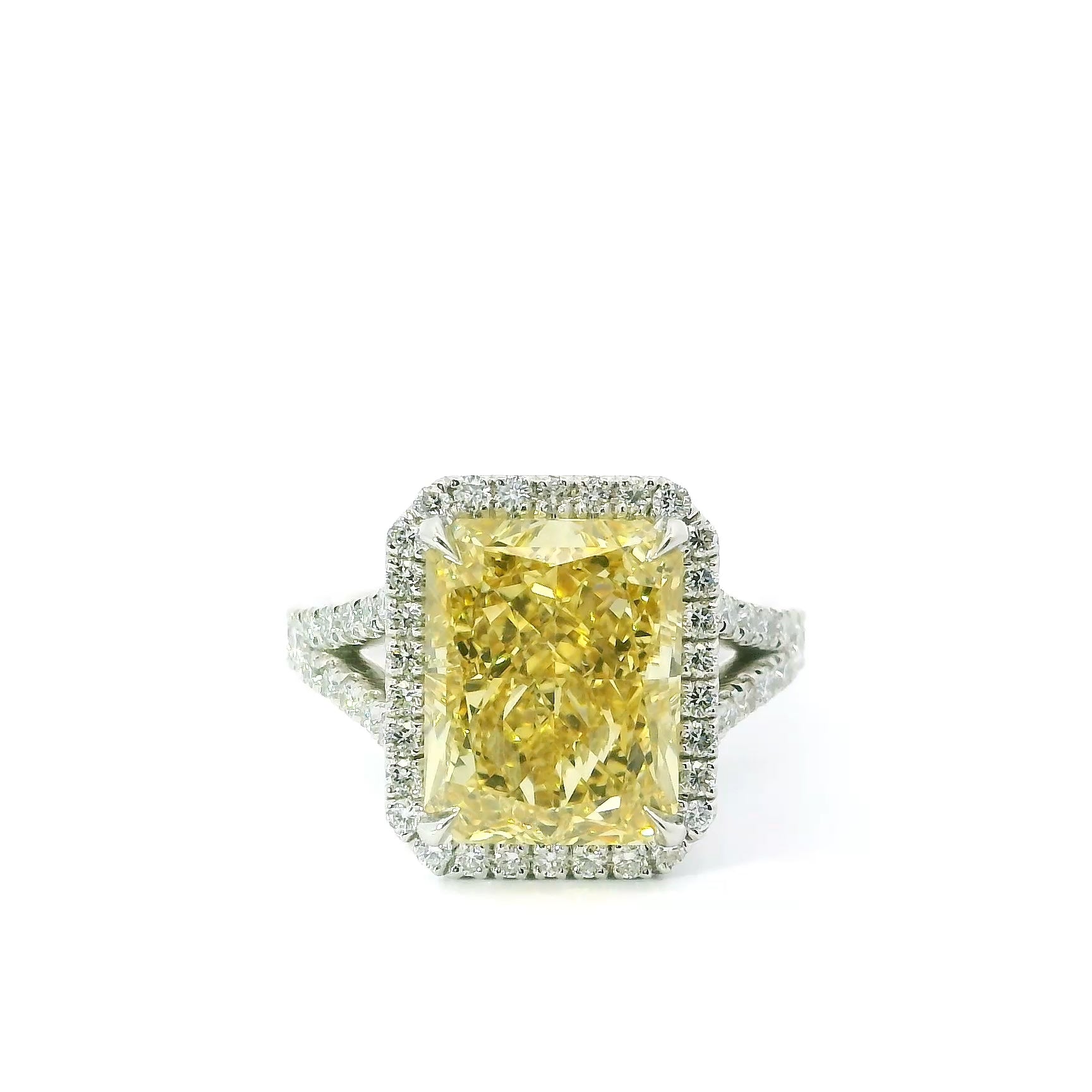 7.5 Carat Yellow Radiant Cut with Halo and Pave Split Shank Engagement ring