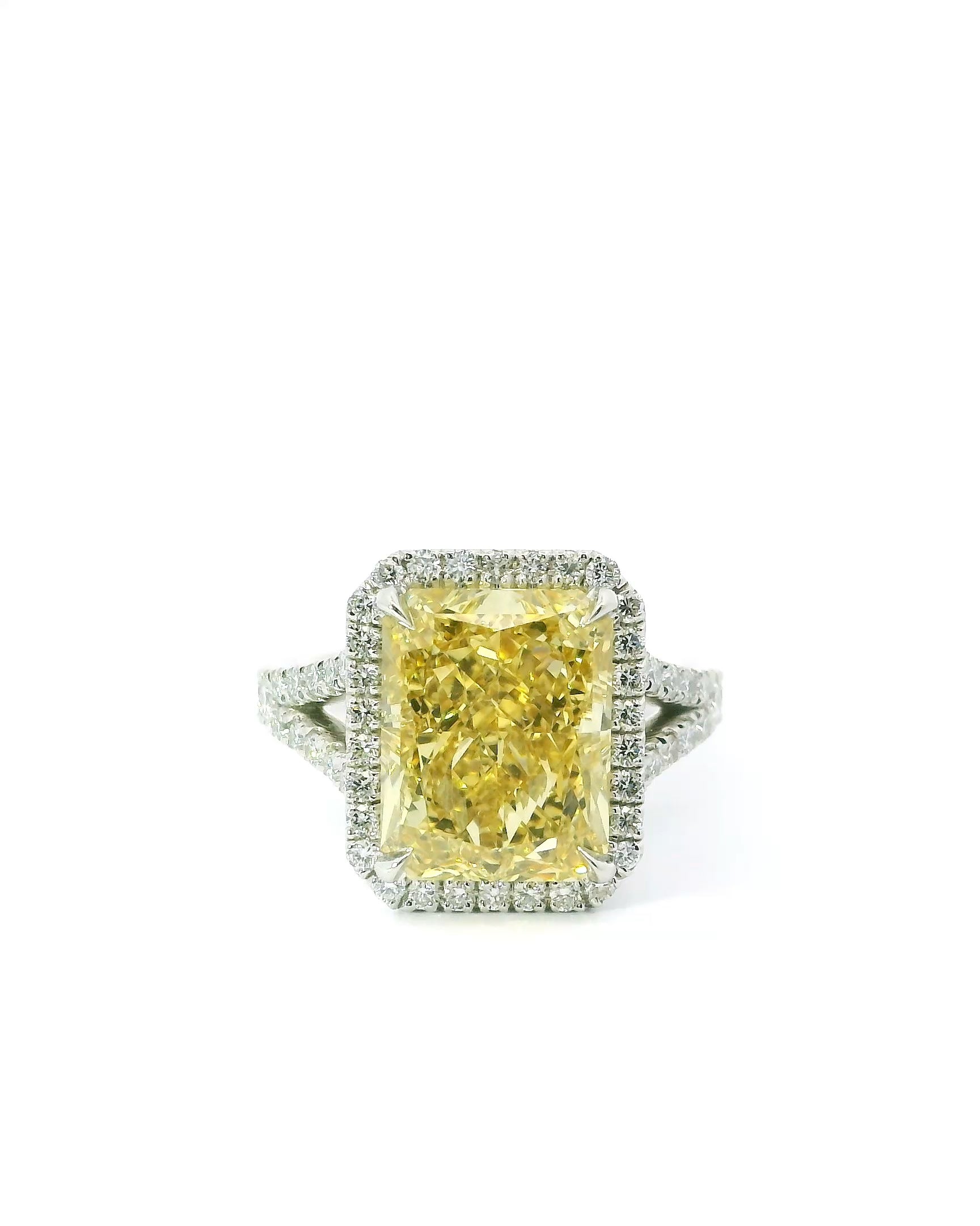 7.5 Carat Yellow Radiant Cut with Halo and Pave Split Shank Engagement ring